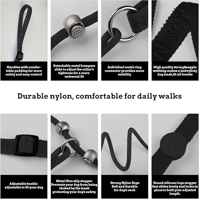 EVERKING Dog Slip Lead Dog Training Leash, No-Pull Slip Leash and Collar,Nylon Material Heavy-Duty and Durable,with Comfortable Padded Handle,Suitable for All Dogs (Black(4.9-5.9FT-Metal Buckle))