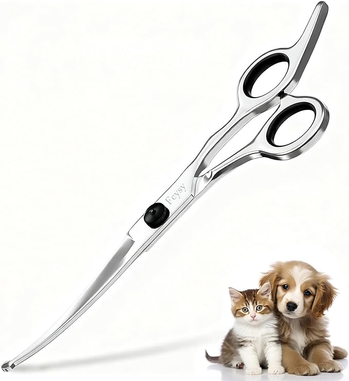 Curved Scissors for Dog Grooming, Fcysy Stainless Steel Pet Grooming Shears with Safety Round Tip, Curved Dog Grooming Scissors for Dogs & Cats Face, Legs, Ears – Black
