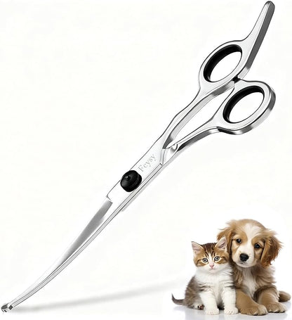 Curved Scissors for Dog Grooming, Fcysy Stainless Steel Pet Grooming Shears with Safety Round Tip, Curved Dog Grooming Scissors for Dogs & Cats Face, Legs, Ears – Black