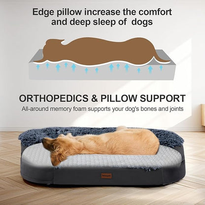 iweepet Black Dog Beds for Large Dog, 41" x 32.6" x 7.7", Removable and Washable Cover, Raised Reboundable Edges, Non Slip Bottom, Warm Plush, Orthopedic Oval Memory Foam Pet Bedding, Indoor