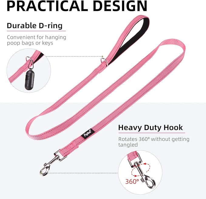 PUPTECK Reflective Dog Leash with Comfortable Padded Handle Durable Nylon Dog Lead for Small Medium and Large Dogs Cats Walking Running Training Outside, Light Pink