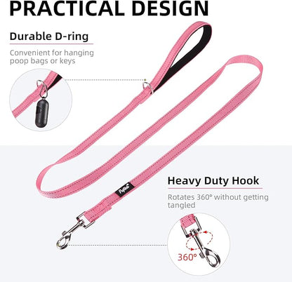 PUPTECK Reflective Dog Leash with Comfortable Padded Handle Durable Nylon Dog Lead for Small Medium and Large Dogs Cats Walking Running Training Outside, Light Pink