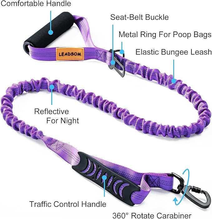 LEADSOM 6FT Highly Reflective Heavy Duty Elastic Bungee Medium and Large Dog Leash Shock Absorbing with Comfortable Padded Handle and Traffic Handle Suitable for Training