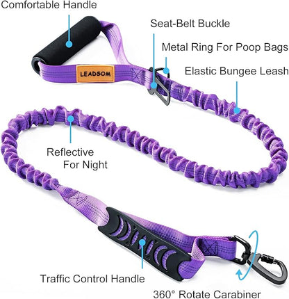 LEADSOM 6FT Highly Reflective Heavy Duty Elastic Bungee Medium and Large Dog Leash Shock Absorbing with Comfortable Padded Handle and Traffic Handle Suitable for Training