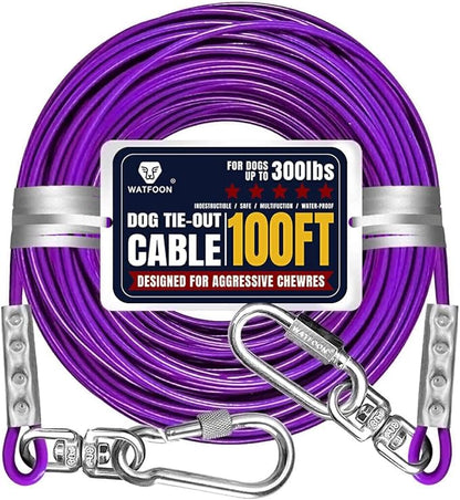 Tie Out Cable for Large Dog, 100ft Pet Runner for Yard, Heavy Duty Swivel Hooks Lead Holds Break Strength of 1000lbs, Steel Wire Dog Chain Leash Cable Yard, Camping(Purple)