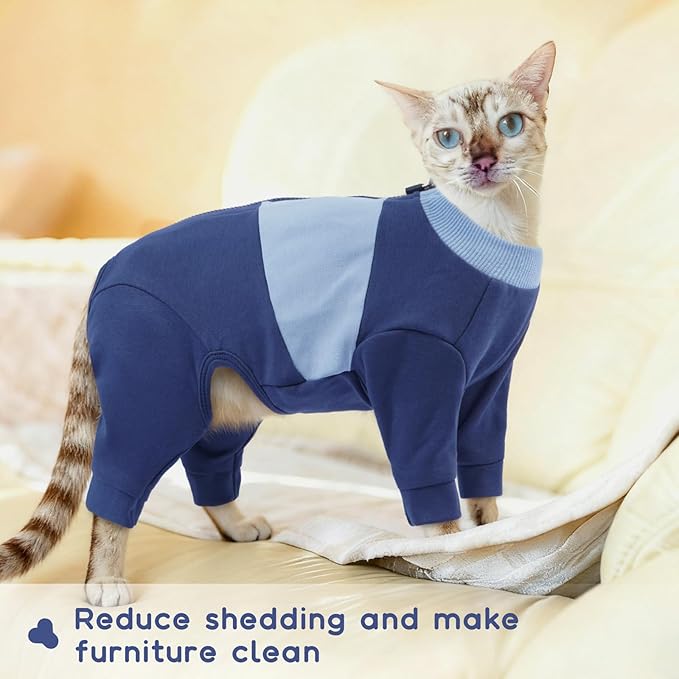 QBLEEV Cat Clothes, Soft Cat Sweaters for Cats Only, Kitten Surgery Recovery Suit Onesie Pajamas, Four Legs Cats Shirts Apparel Clothing for Hair Loss Prevention, Blue, L