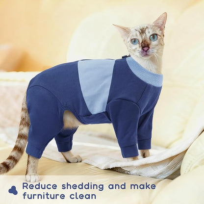 QBLEEV Cat Clothes, Soft Cat Sweaters for Cats Only, Kitten Surgery Recovery Suit Onesie Pajamas, Four Legs Cats Shirts Apparel Clothing for Hair Loss Prevention, Blue, XL