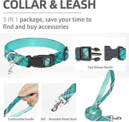 PUPTECK Adjustable Dog Harness Collar and Leash Set Step in No Pull Pet Harness for Small Medium Dogs Puppy and Cats Outdoor Walking Running, Soft Mesh Padded Reflective Vest Harnesses, Lake Green L