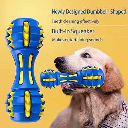 AUSCAT Teething Dog Toys, Durable Squeaky Dog Toys, Rubber Chew Toys for Dogs, Dumbbell Shape, Blue