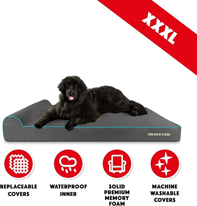 The Dog’s Bed Orthopedic Headrest Dog Bed XXXL Grey/Blue, Memory Foam, Pain Relief for Arthritis, Hip & Elbow Dysplasia, Post Surgery, Lameness, Waterproof Washable Cover, Veterinary Approved