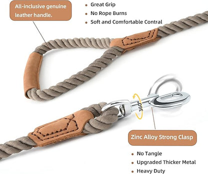 Mile High Life Dog Leash, Braided Cotton Rope Leashes with Leather Handle - Heavy Duty Metal Clasp, 5FT, 1/2" Thick - Wedding, Walking & Training Leash for Small Medium Large Dogs (Camel)