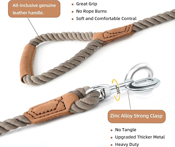 Mile High Life Dog Leash, Braided Cotton Rope Leashes with Leather Handle - Heavy Duty Metal Clasp, 4FT, 1/2" Thick - Wedding, Walking & Training Leash for Small Medium Large Dogs (Camel)