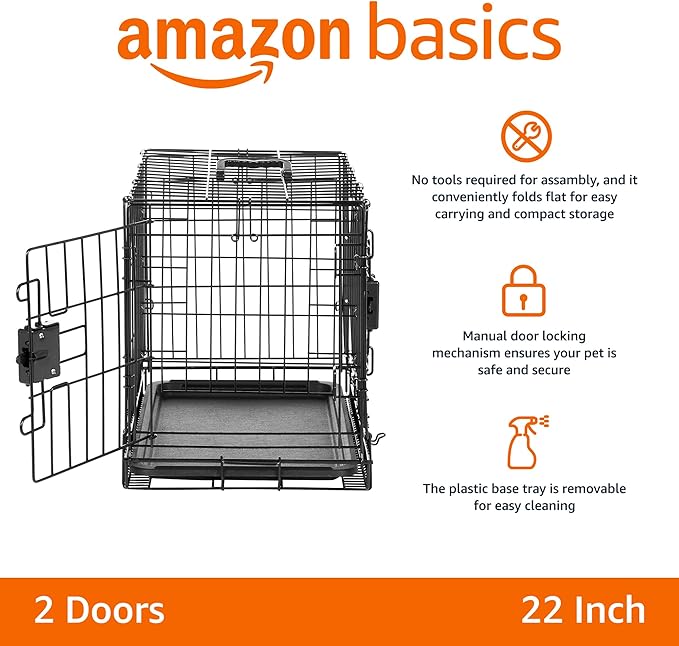 Amazon Basics - Durable,Foldable Metal Wire Dog Crate with Tray, Double Door, Divider, 22 x 13 x 16 in, Black