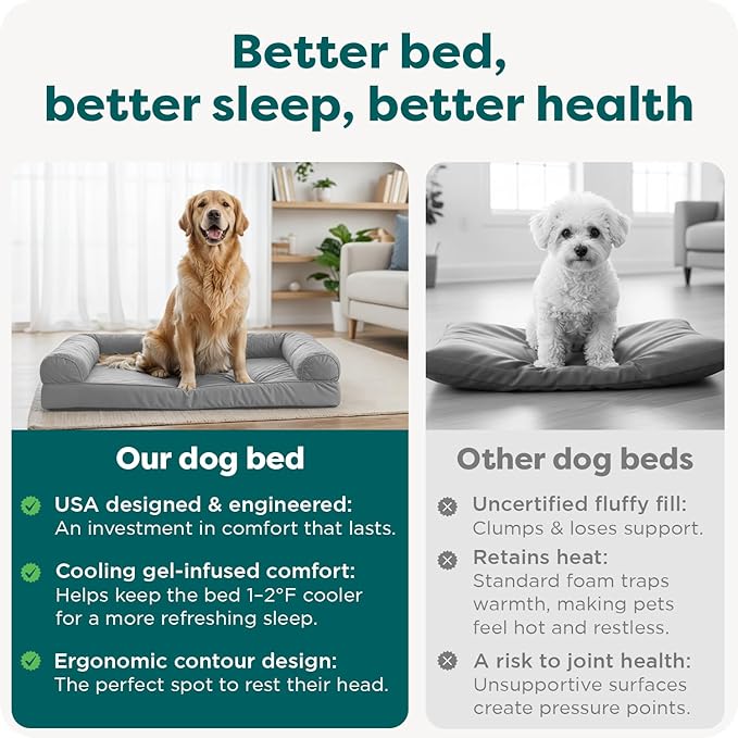 FurHaven Cooling Gel Dog Bed for Large Dogs, L-Shaped Chaise with Cool Gel-Top Foam with a Solid Orthopedic Foam Base for Joint Support, Removable Washable Cover, Jumbo XL, Plush & Suede, Stone Gray