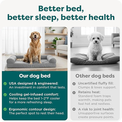 FurHaven Cooling Gel Dog Bed for Large Dogs, L-Shaped Chaise with Cool Gel-Top Foam with a Solid Orthopedic Foam Base for Joint Support, Removable Washable Cover, Jumbo XL, Plush & Suede, Stone Gray