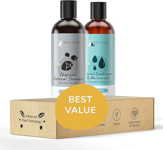 kin+kind Natural Cat & Dog Shampoo and Conditioner Set - Gentle Pet Supplies for Dogs and Cats - Shea Moisture Shampoo and Conditioner with Activated Charcoal & Moisturizing Shea Butter - Made in USA