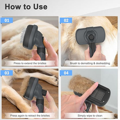 Dipoo Self-Cleaning Deshedding Brush for Dogs & Cats - Skin-Friendly Grooming Tool with Hair Brush for Long and Short Haired Pets, Grey