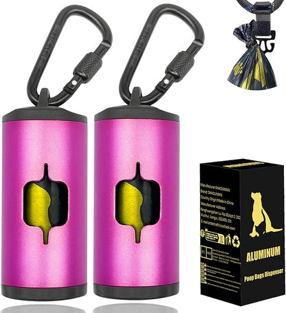 Metal Dog Poop Bag Holder 2-Pack w/Leash Clip|Durable Scratch-Resistant Aluminum|30 Bags+6 Accessories（Pink)