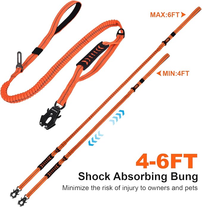 YSZYPETHE Heavy Duty Dog Leash, 4-6 Ft Shock Absorbing with Heavy-Duty Seatbelt Buckle & Dual Handles - No Bungee, for Medium to Large Dogs (Orange)