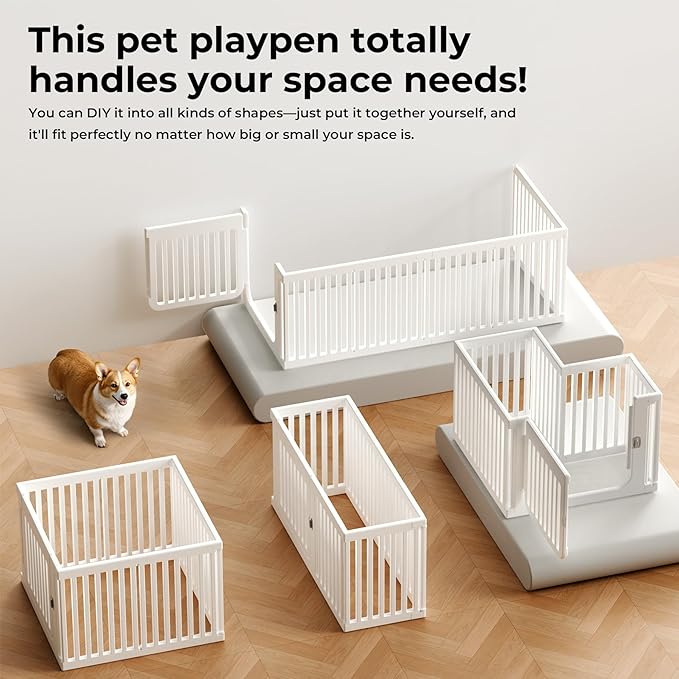 Jatindear 23.6“ H Plastic Dog Playpen, 7 Panels Expandable & Durable Pet Fence - Indoor & Outdoor Portable with Secure Locking Door, Durable Safety Play Pen with Puppy, Cat, Small Animal(White)