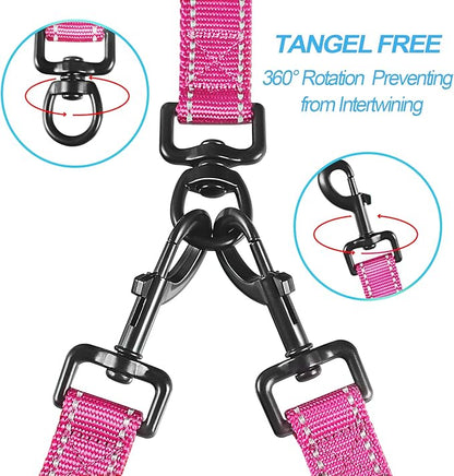 PetBonus Double Dog Leash, No Tangle Dual Leash, Reflective Walking Training Lead, 4 Comfortable Padded Handles for 2 Dogs with Collapsible Bowl and Waste Bags (Pink, Large)