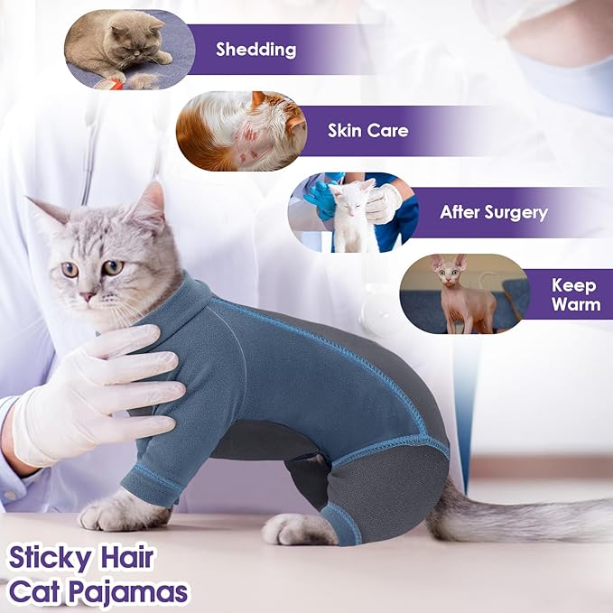 SUNFURA Hair Sticky Cat Clothes, Cat Sweater for Cats Only, 4-Legged Fleece Sweaters Kitten Pajamas Reduce Shedding Fur, Warm Pullover Shirts for Cats, Blue M