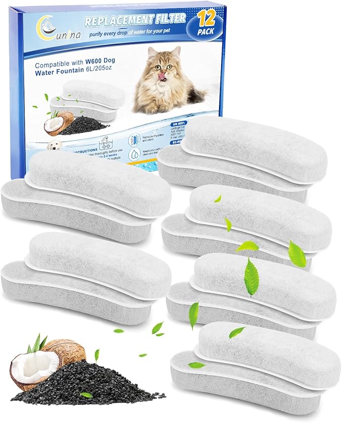 Cunina 12 Pack Dog Water Fountain Filters Replacement Compatible with W600 Automatic Water Bowl Dispenser, Pet Fountain Charcoal Filters Fit for 205oz/6L Dog Fountain Bowl for Large Dogs