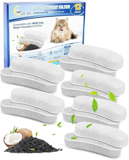Cunina 12 Pack Dog Water Fountain Filters Replacement Compatible with W600 Automatic Water Bowl Dispenser, Pet Fountain Charcoal Filters Fit for 205oz/6L Dog Fountain Bowl for Large Dogs