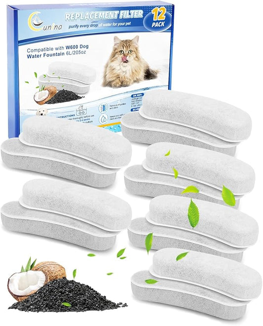 Cunina 12 Pack Dog Water Fountain Filters Replacement Compatible with W600 Automatic Water Bowl Dispenser, Pet Fountain Charcoal Filters Fit for 205oz/6L Dog Fountain Bowl for Large Dogs