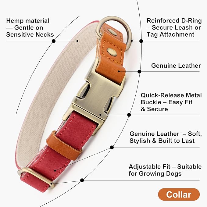 Plutus Pet Genuine Leather & Hemp Dog Collar – Adjustable Heavy Duty Pet Collar with Quick Release Metal Buckle, Soft & Stylish for Puppy and Small, Medium, Large Dogs (Red, XS)