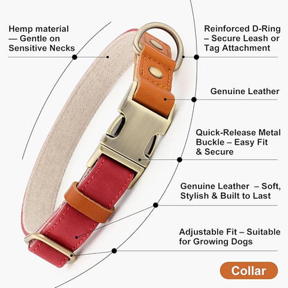 Plutus Pet Genuine Leather & Hemp Dog Collar – Adjustable Heavy Duty Pet Collar with Quick Release Metal Buckle, Soft & Stylish for Puppy and Small, Medium, Large Dogs (Red, XS)