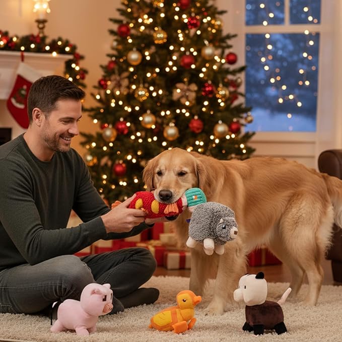 5 PC Pixel Style Dog Toy Plushies, Squeaky Dog Toys Crinkle Plush Stuffed Dog Chew Toy for Small Medium Large Breeds, Christmas Dog Toys Stocking Stuffers