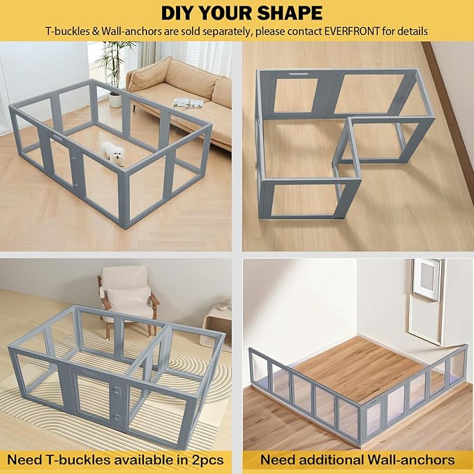 Everfront Clear Dog Play Pen - Easy Assemble Durable Plastic Acrylic Dog Playpen - Dog Playpen Indoor, Puppy Playpen, Cat Playpen, Small Animal Playpen, Dog Play Pen Indoors (Grey, 30.3" H, 8PCS)