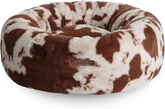 UnHide Floof Pet Bed - Medium (28" x 10") - Extra Soft Dog Bed - Removable Faux Fur Cover - Machine Washable - Helps Ease Pet Anxiety & Provides The Perfect Sleep - Cowhide