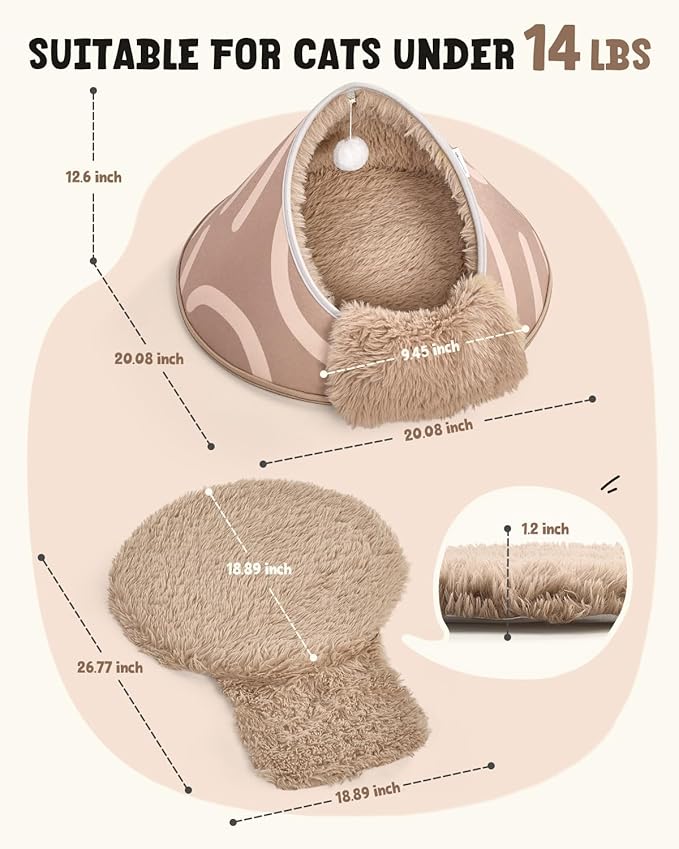 BurgeonNest 20-Inch Round Cat Bed Cave, Enclosed Hooded Pet Bed for Indoor Cats, Cozy Anti-Collapse Cave with Soft Plush, Waterproof EVA Shell, Fully Washable, Shape Retention, Brown