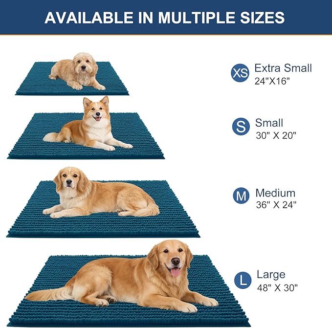 OLANLY Dog Door Mat for Muddy Paws 36x24, Ultra Absorbent Chenille Mud Doormat, Non-Slip Washable and Dirt Trapping Doormat for Indoor Entryway, Quick-Dry Indoor Pet Bed Mats for Dogs, Atlantic Blue