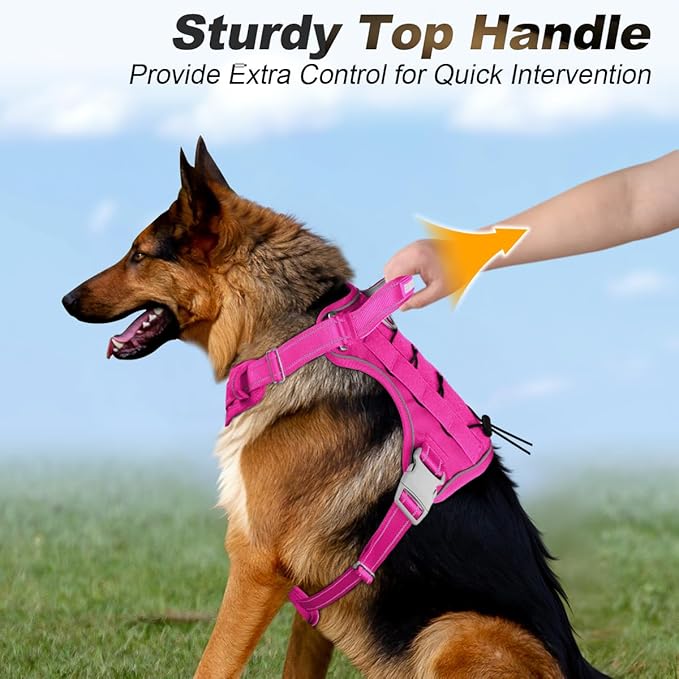 BARKBAY Service Dog Vest Tactical Dog Harness Medium Large Sized Dog Tags Personalized No Pull Adjustable Harness Reflective K9 Working Training Easy Control Military Molle System(Pink,XL)
