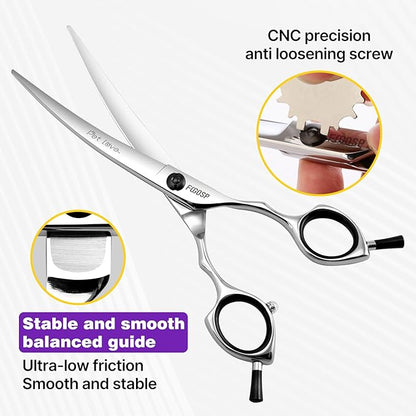 Curved Dog Grooming Scissors 7 in Curve Shears for Pet Dogs Pomeranian Cat Japan 440C 30°Arc Upward & Downward for Trimming Face and Paws at Home(7, Curved)