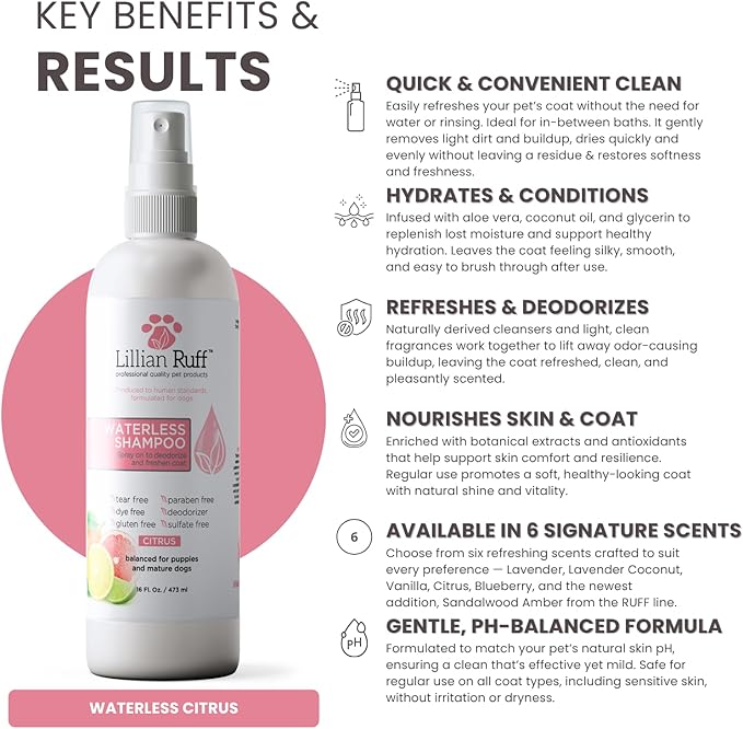 Lillian Ruff Starter Pack Gift Set for Dogs | Oatmeal Shampoo, Oatmeal Conditioner, Waterless Shampoo Citrus, Ear Cleaner & Otic Wax Solvent, Breath Spray, Leash Clip Waste Bag Dispenser with 15 Bags