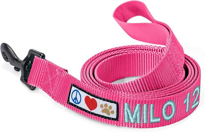 Pawtitas Personalized 6 ft Pink Dog Leash XS/S Custom Name and Phone Embroidery Strong Nylon Leash for Small Breeds