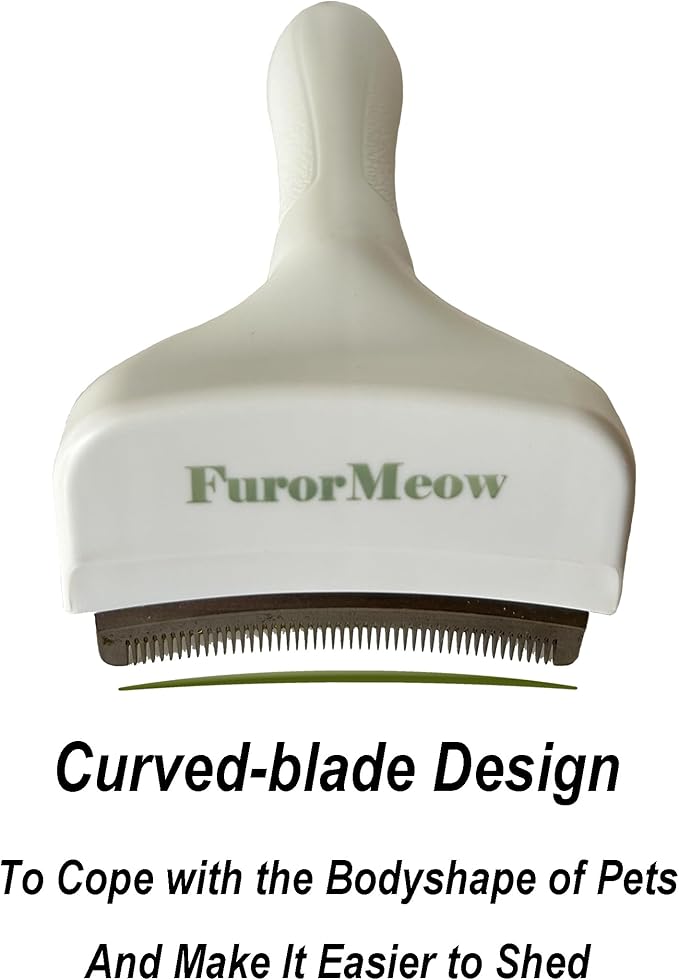 FurorMeow Pet Deshedding Tool with Curve Blade, Cat Grooming Brush, Tight V-shaped Teeth Shedding Comb for Cat and Small Dog (White, Small)