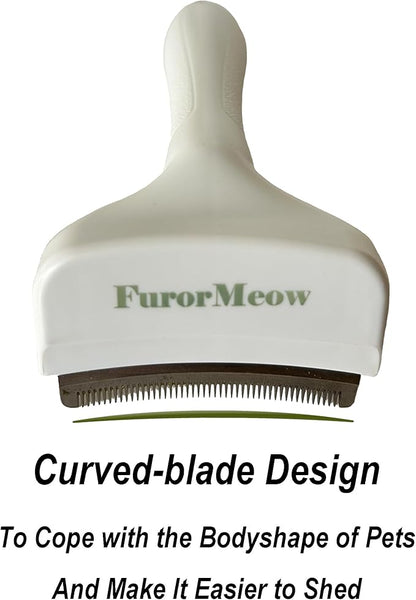 FurorMeow Pet Deshedding Tool with Curve Blade, Cat Grooming Brush, Tight V-shaped Teeth Shedding Comb for Cat and Small Dog (White, Small)