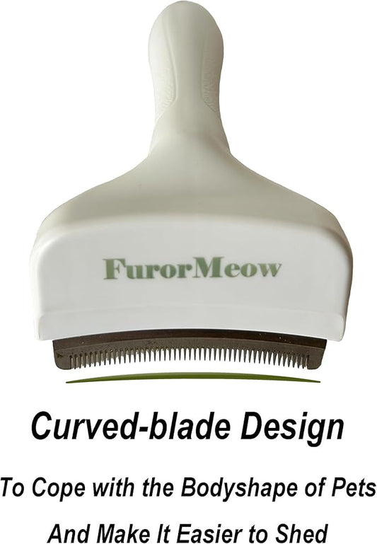 FurorMeow Pet Deshedding Tool with Curve Blade, Cat Grooming Brush, Tight V-shaped Teeth Shedding Comb for Cat and Small Dog (White, Small)