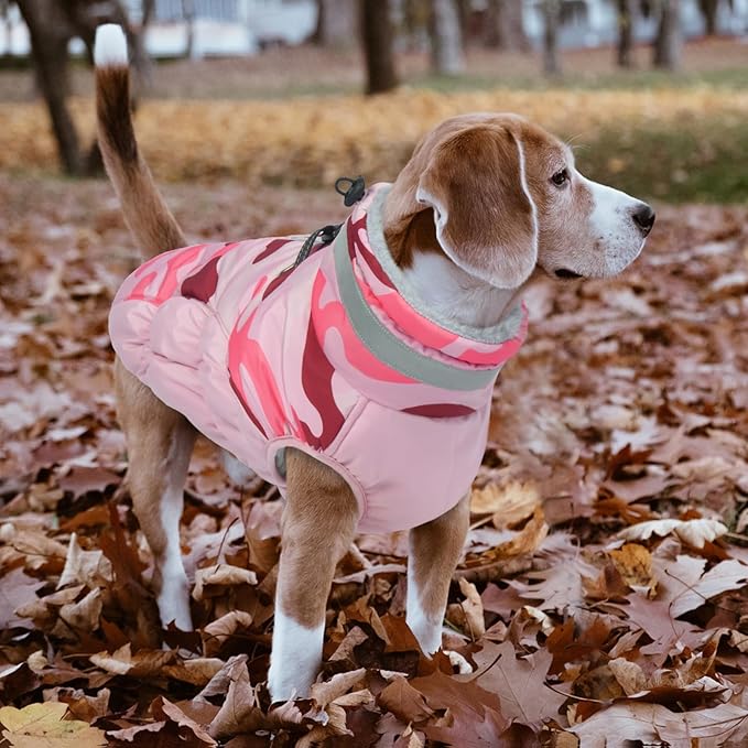 Lelepet Warm Dog Winter Coat Dog Coats for Small Dogs Waterproof Dogs Jacket with Harness Built in Reflective Cold Weather Coats Windproof Zip-Up Winter Fleece Vest Snowsuit Chihuahua Pink Camo