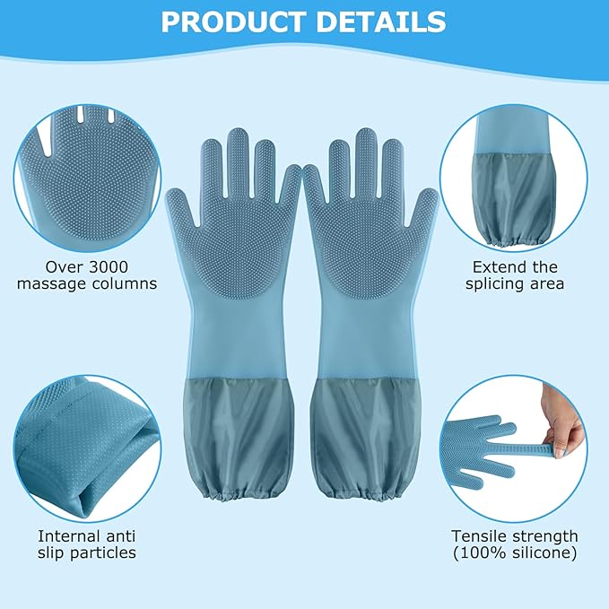 Senquoyn Dog Washing Gloves | Pet Grooming Gloves | Extra Long Arms (17.3") for Cats & Dogs | Massage & Hair Removal Pet Glove (Hazy Blue)