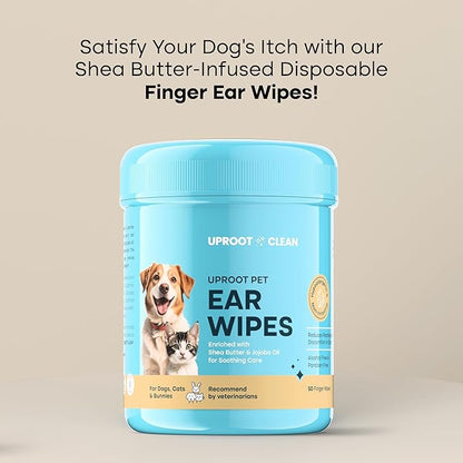 Uproot Clean Cat & Dog Ear Cleaner Finger Wipes (50ct.): Disposable Dog Ear Wipes Enriched with Shea Butter & Jojoba Oil - Cleaner Removing Wax Build Up, Help with Odor Discomfort