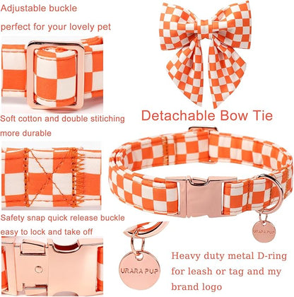 Fall Dog Collar with Bow Tie, Orange Plaid Bowtie Dog Collar, Autumn Bowtie Collars for Puppy Boy Girl Dogs, Comfortable Cotton Dogs Collars with Metal Buckle