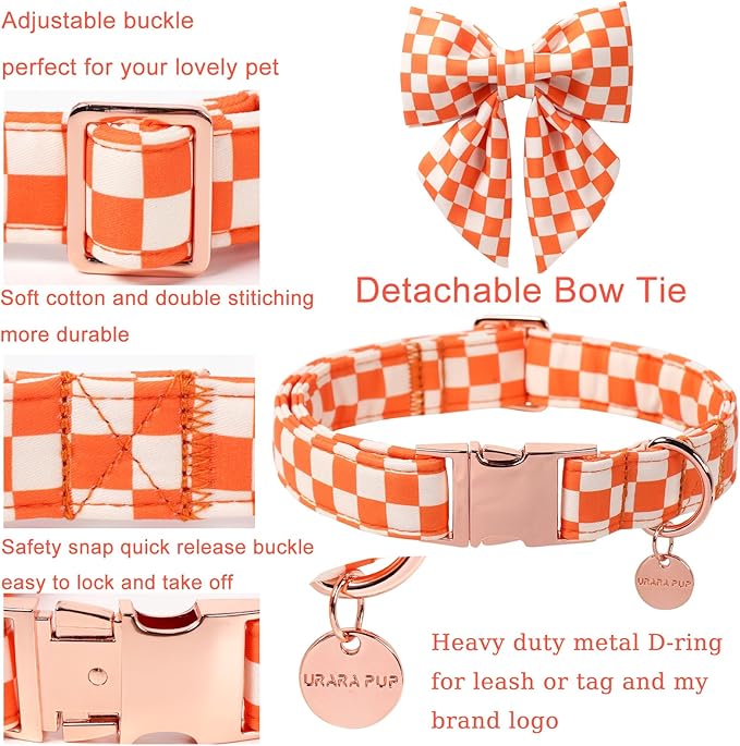 Fall Dog Collar with Bow Tie, Orange Plaid Bowtie Dog Collar, Autumn Bowtie Collars for Puppy Boy Girl Dogs, Comfortable Cotton Dogs Collars with Metal Buckle