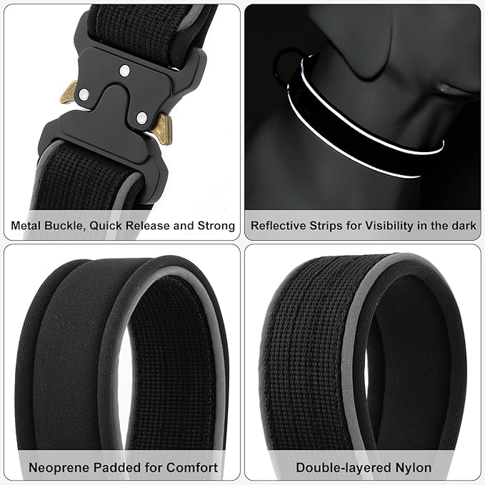 Plutus Pet Tactical Dog Collar, Reflective, Adjustable Heavy Duty Dog Collar, Soft Padded and Comfortable, for Small Medium and Large Dogs (Black, M)