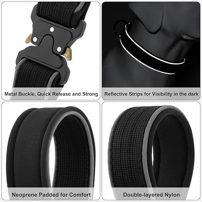 Plutus Pet Tactical Dog Collar, Reflective, Adjustable Heavy Duty Dog Collar, Soft Padded and Comfortable, for Small Medium and Large Dogs (Black, L)